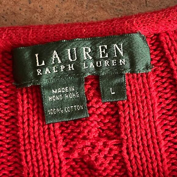 Ralph Lauren Women's V-Neck Cable Knit Red Orange Sweater 100% Cotton Size Large - Picture 3 of 6